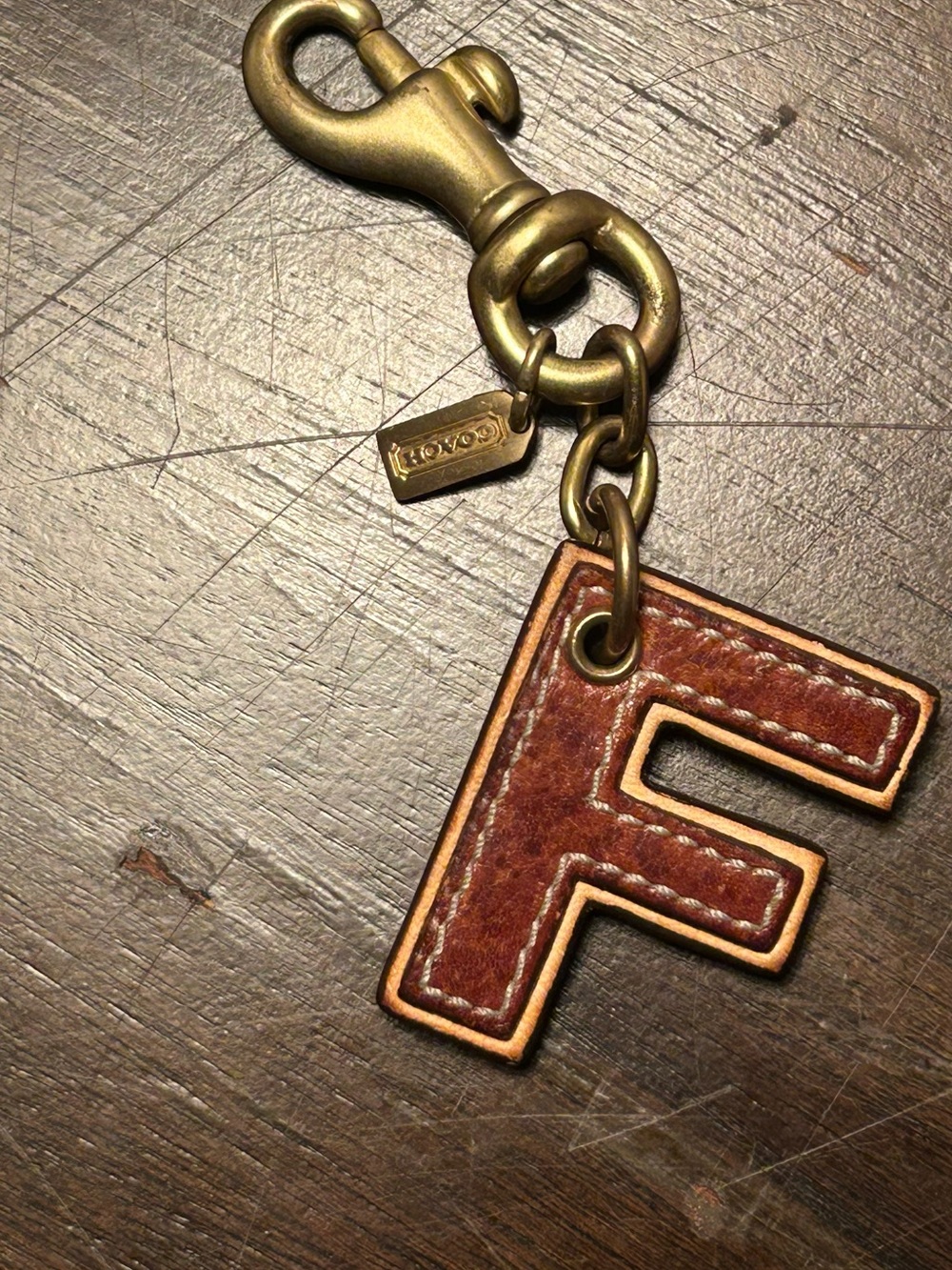 Coach Brown Leather 'F' Keychain Charm with Brass Hardware